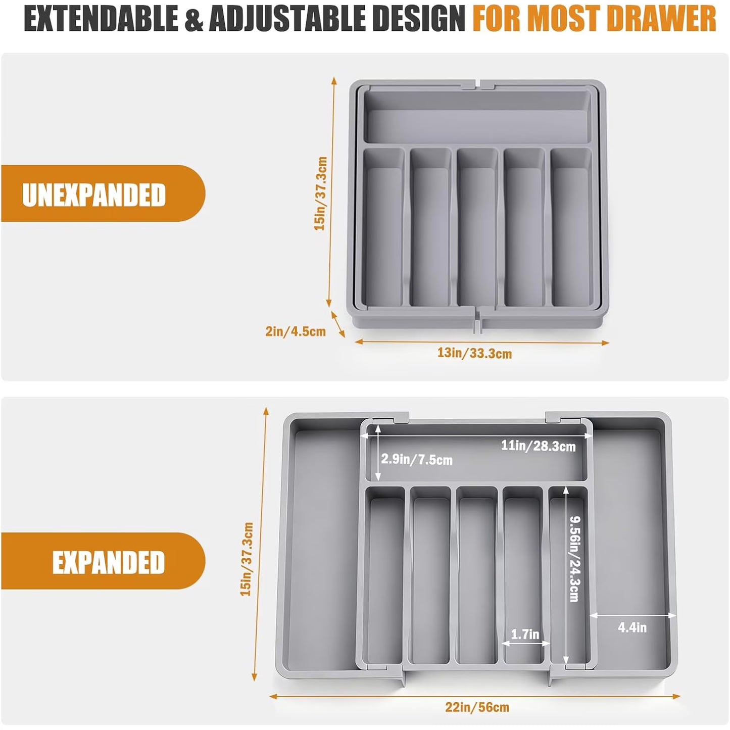 Expandable Silverware Organizer for Drawer, Adjustable Utensil Tray with 2 Removable Blocks, 6-8 Slot Cutlery Organizer for Spoons, Forks & Knives, Large Capacity, Gray