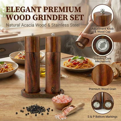 Wooden Salt and Pepper Grinder Set, Refillable Salt & Pepper Mill with Tray & Spoons, Adjustable Rubber Wood Salt & Pepper Shakers Holder with Ceramic Grinder