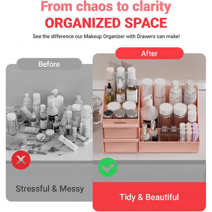 Pink Makeup Organizer with Drawers, Large Capacity Cosmetic Storage for Vanity or Bathroom Countertop, Multi-Compartment Organizer for Skincare, Lipstick & Palettes, 1 Pack