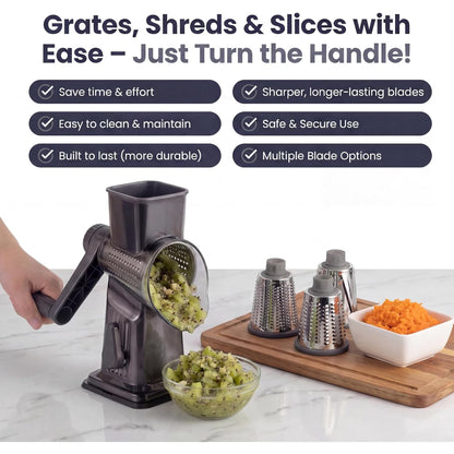 Rotary Cheese Grater with Hand Crank, Cheese Shredder with 3 Stainless Steel Blades for Cheese, Vegetables & Nuts, Non-Slip Suction Base, Easy & Effortless Grating