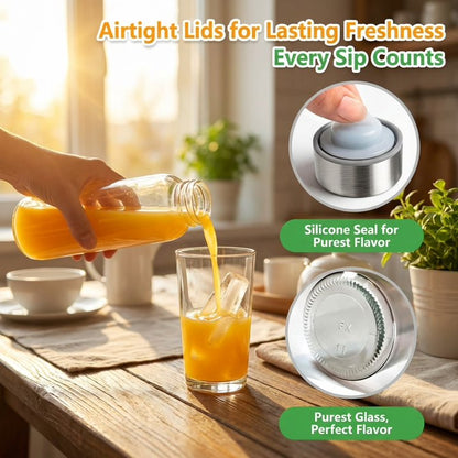 6 PCS 18oz Clear Glass Bottles with Lids,Airtight Glass Drinking Bottles with Leak-Resistant Caps & Anti-Slip Bottom,Reusable Leakproof Juice Bottles for Refrigerator