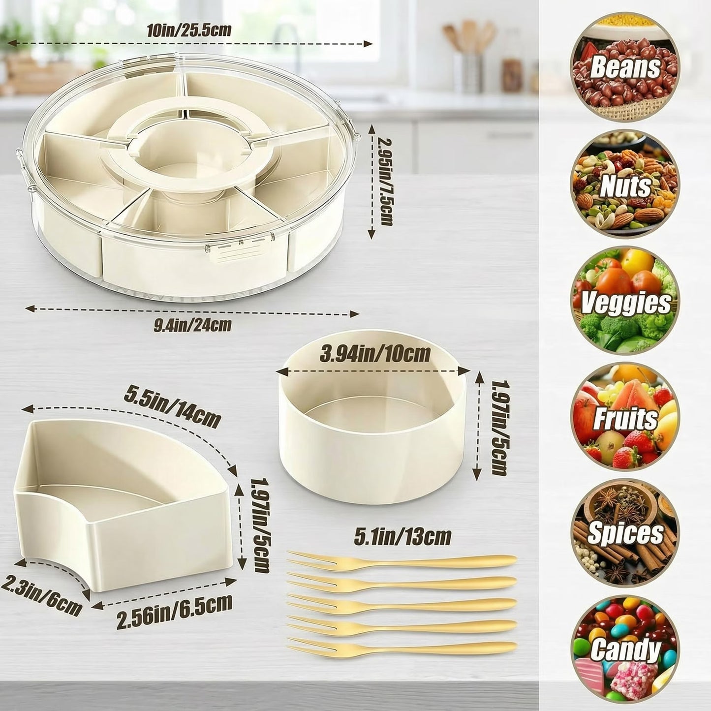 Portable Large Capacity Snack Spinner Box Container with Lid and Handle, Divided Serving Tray for Fruit Veggie Charcuterie(1 pack-6 Compartments)