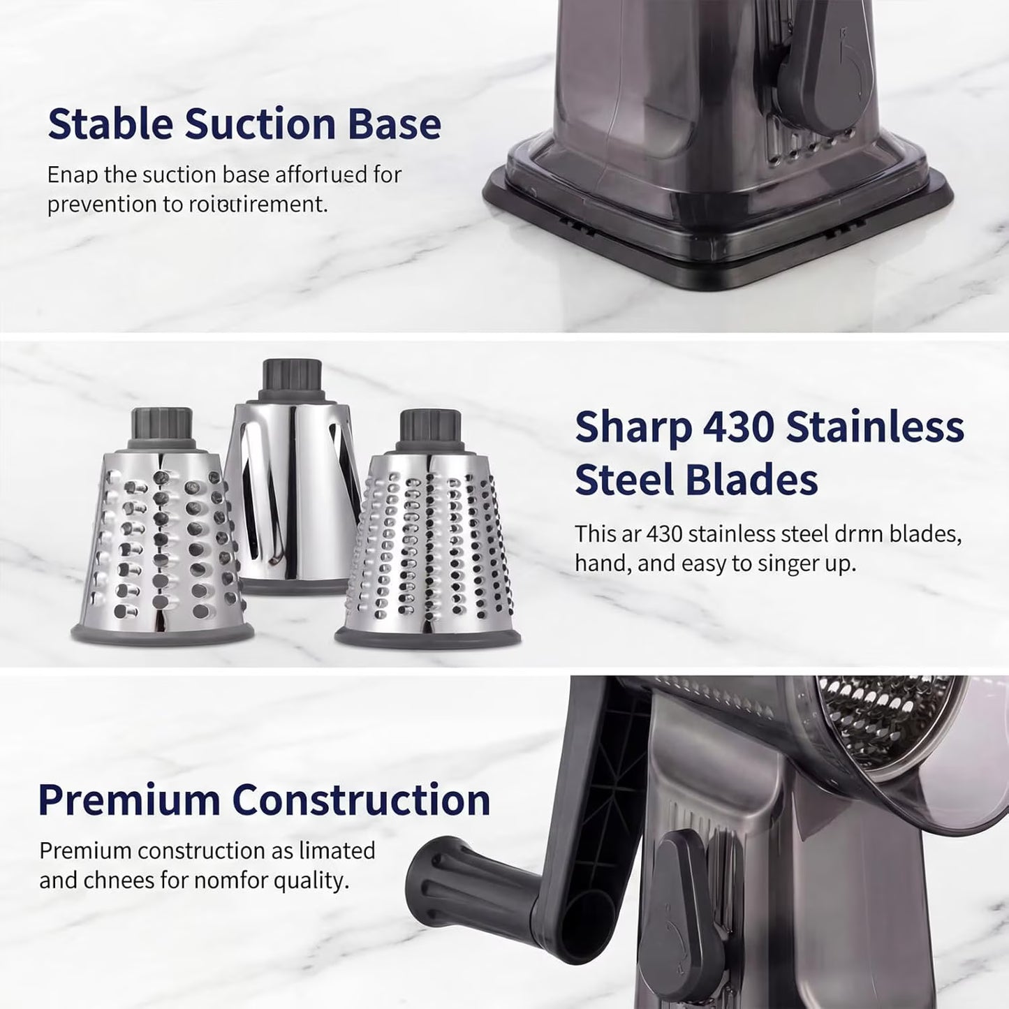 Rotary Cheese Grater with Hand Crank, Cheese Shredder with 3 Stainless Steel Blades for Cheese, Vegetables & Nuts, Non-Slip Suction Base, Easy & Effortless Grating