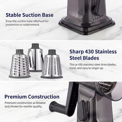 Rotary Cheese Grater with Hand Crank, Cheese Shredder with 3 Stainless Steel Blades for Cheese, Vegetables & Nuts, Non-Slip Suction Base, Easy & Effortless Grating