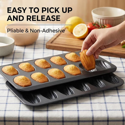 2 Packs Nonstick Madeleine Pan Set, 15.75 x 9.76 inch Madeline Pans for Baking, 12-Well Carbon Steel Shell Shape Madeleines Pan, Heavy-Duty Madeleine Pan for Tea Cakes, Cookies & Desserts