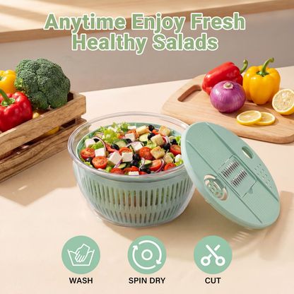 Large Salad Spinner and Slicer, 5.3 Qt 3-in-1 Vegetable Fruit Wash Bowl, Lettuce Washer with 5-Blade Slicer & Egg Yolk Strainer for Fast Salad Prep (Green)