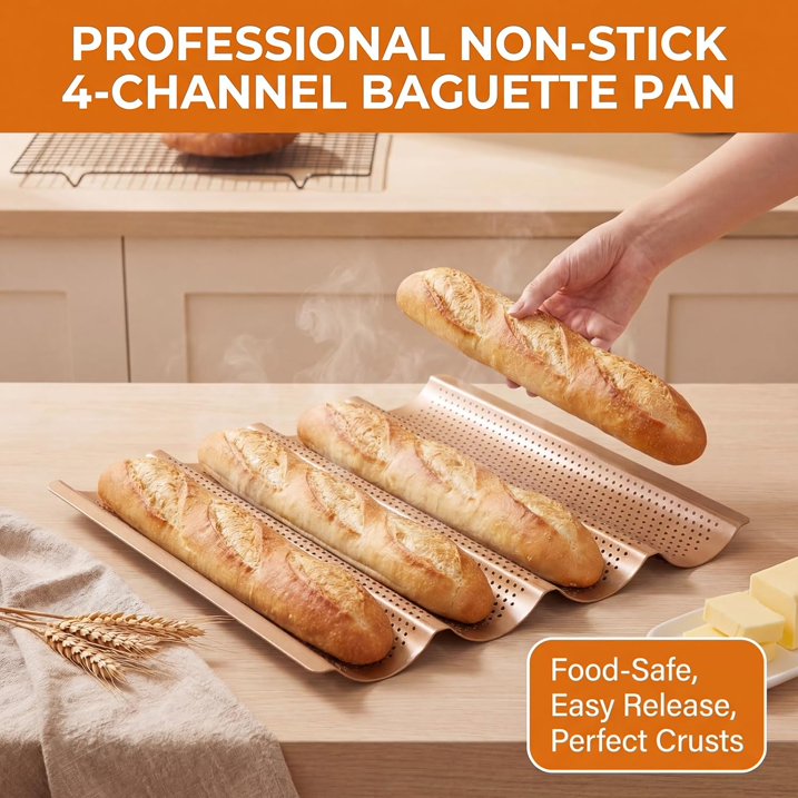 2 Pack Baguette Baking Pan, 4 Loaf Perforated Nonstick French Bread Pan with Proofing Cloth, for Sourdough & Italian Bread, Crisp Crust Bakeware, 15" x 13"