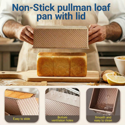 2.2lb Pullman Bread Loaf Pan with Lid - 13x4 Inch Professional Nonstick Bread Baking Mold for Homemade Sandwich & Artisan Sourdough, Heavy-Duty Gold Carbon Steel Toast Box