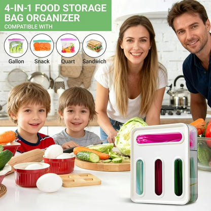 4-in-1 Food Storage Bag Organizer for Drawer or Wall, Holds Gallon, Quart, Sandwich & Snack Bags, Space Saving Plastic Baggie Holder, Easy Access Kitchen Organizer
