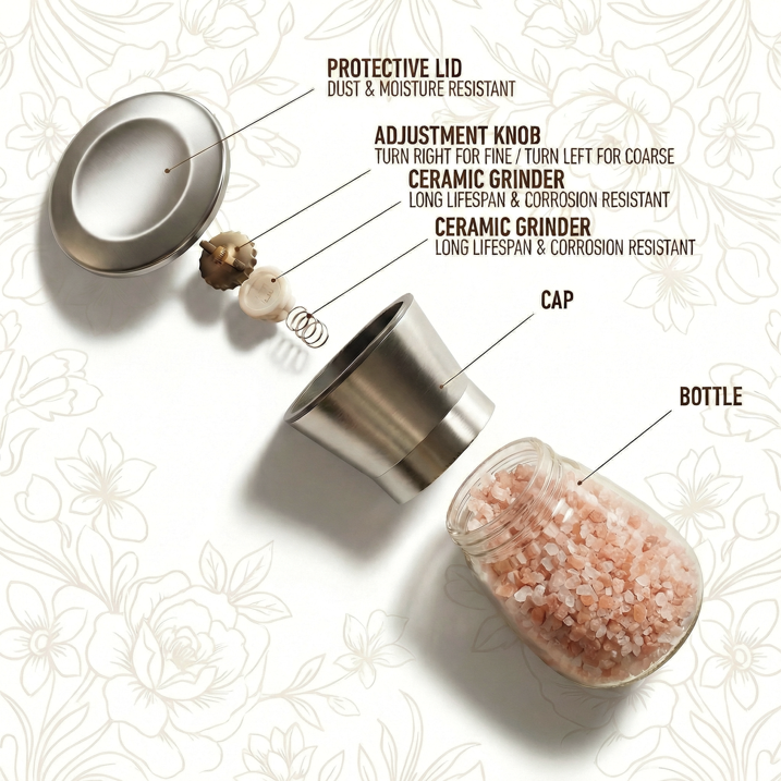 Salt and Pepper Mill Set 2PCS, Stainless Steel Top, Ceramic Grinder, Clear Glass, Easy Refill with Funnel