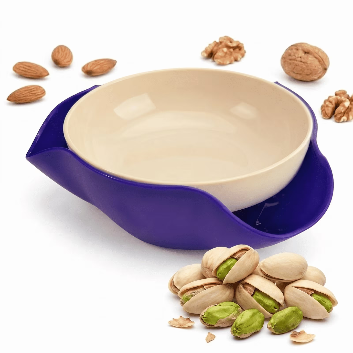 Dual-Level Snack Serving Bowl with Discard Tray, 8.3 Inch Nut Bowl for Pistachios Olives and Candies, Top Holder and Bottom Base - Purple