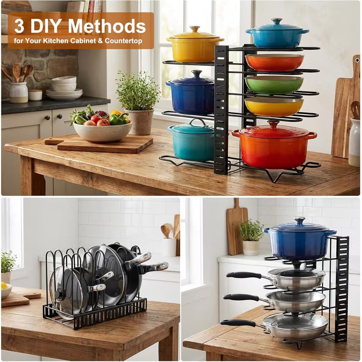 16" Heavy-Duty 8-Tier Adjustable Pots & Pans Organizer Rack, Cabinet & Pantry Storage with 3 DIY Setup Options, Under Cabinet Organizer for Large Cookware