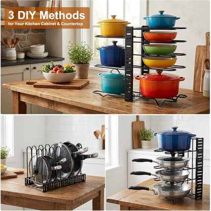 16" Heavy-Duty 8-Tier Adjustable Pots & Pans Organizer Rack, Cabinet & Pantry Storage with 3 DIY Setup Options, Under Cabinet Organizer for Large Cookware