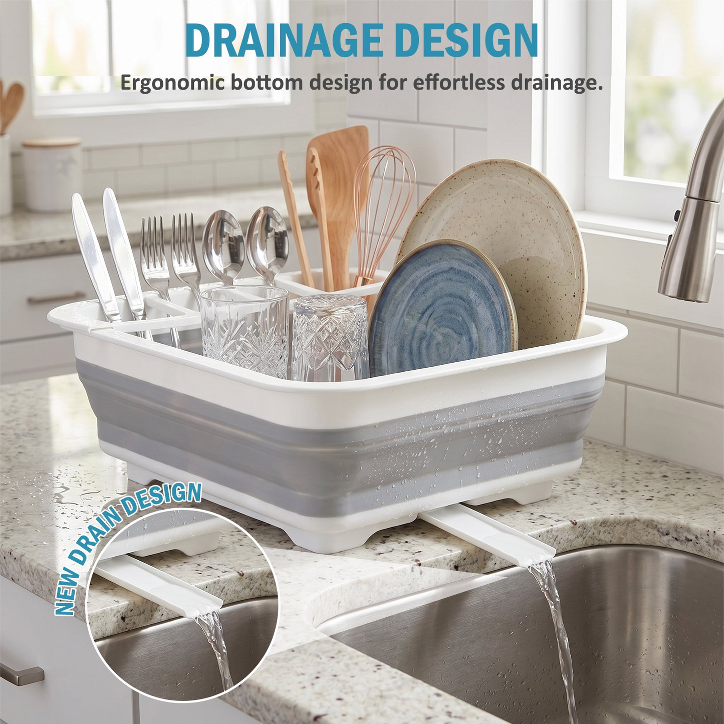 Collapsible Dish Drying Rack – Rustproof Foldable RV Dish Drying Rack with Utensil Holder, 360° Drainage, Space-Saving for Kitchen, Camping, BBQ & Boats