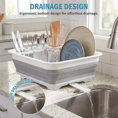 Collapsible Dish Drying Rack – Rustproof Foldable RV Dish Drying Rack with Utensil Holder, 360° Drainage, Space-Saving for Kitchen, Camping, BBQ & Boats