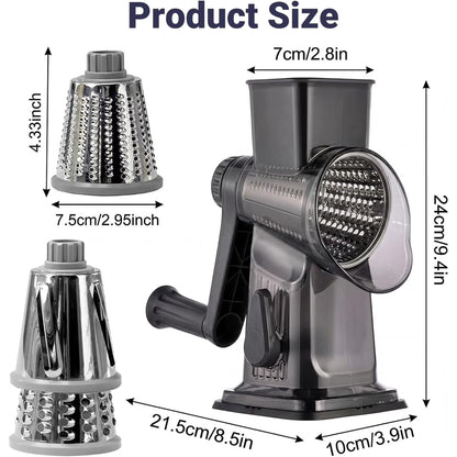 Rotary Cheese Grater with Hand Crank, Cheese Shredder with 3 Stainless Steel Blades for Cheese, Vegetables & Nuts, Non-Slip Suction Base, Easy & Effortless Grating