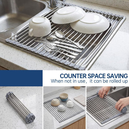 1 Pack 18.5" x 15.7" Roll-Up Dish Drying Rack, Over-Sink Foldable Kitchen Sink Rack, Anti-Slip Multipurpose Stainless Steel Drying Rack for Plates, Pots & Utensils, Gray