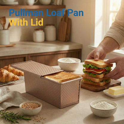 2.2lb Pullman Bread Loaf Pan with Lid - 13x4 Inch Professional Nonstick Bread Baking Mold for Homemade Sandwich & Artisan Sourdough, Heavy-Duty Gold Carbon Steel Toast Box