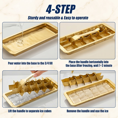 18-Slot Stainless Steel Ice Tray in Gold Finish — Metal Freezer Mold with Lever Handle for Whiskey & Cocktails