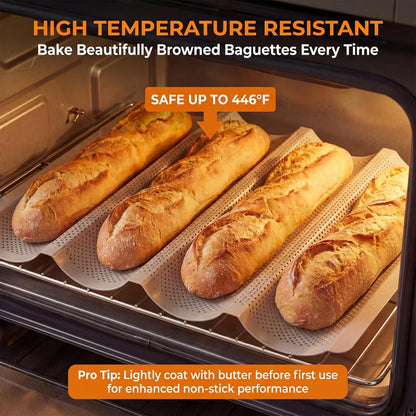 Baguette Baking Pan, 4 Loaves Perforated Nonstick French Bread Pan with Proofing Cloth, for Sourdough & Italian Bread, Crisp Crust Bakeware, 15" x 13", Silver