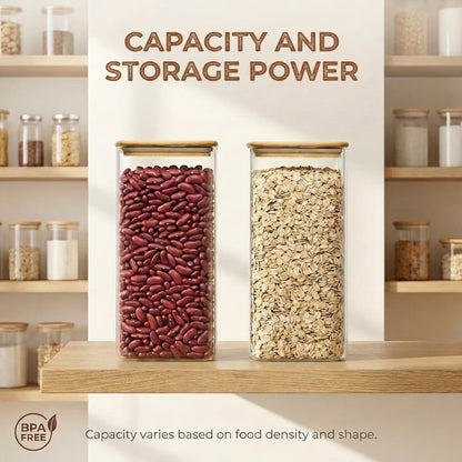 1.9 Qt Rectangle Plastic Food Storage Containers with Airtight Lids, Clear Food Jar,Plastic Jars with Bamboo Lids, Canister Set of 3, Pantry Organizers and Storage for Flour Cereal