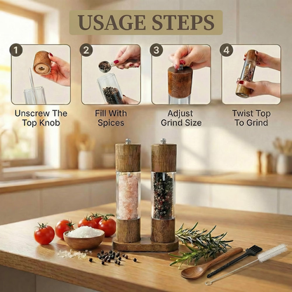 2 Piece Wood Salt Pepper Grinder Set 8 Inch Manual Refillable, Adjustable Ceramic Grinding Core with Serving Tray for Kitchen