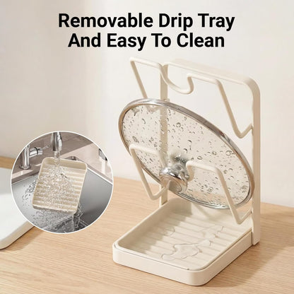 1 Pack Kitchen Pot Lid Holder Rack, Multifunctional Organizer with Removable Drip Tray, Holds Lids, Spoons & Utensils While Cooking, White