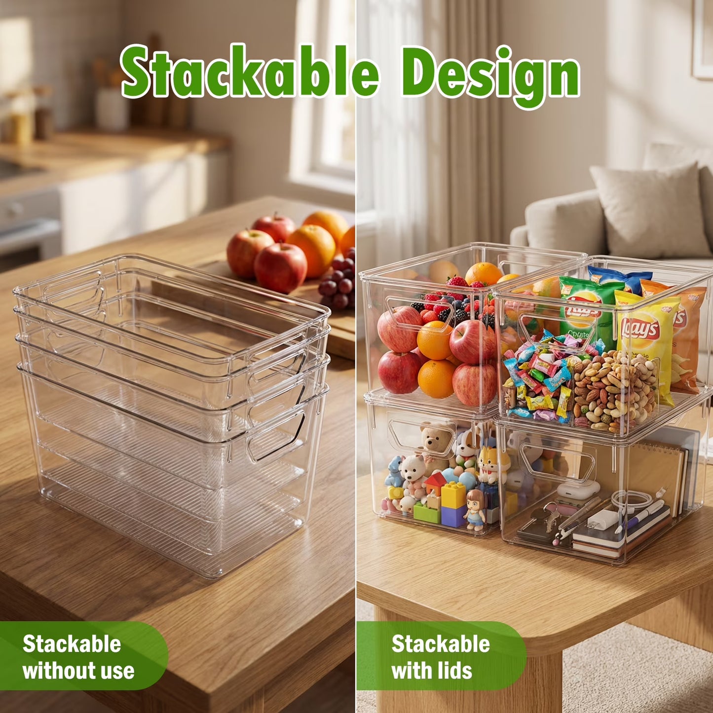 4-Pack Clear Storage Bins with Lids, Stackable Plastic Organizer Bins for Pantry, Fridge, Freezer, Cabinet