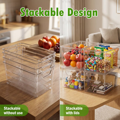 4-Pack Clear Storage Bins with Lids, Stackable Plastic Organizer Bins for Pantry, Fridge, Freezer, Cabinet