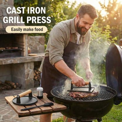 Cast Iron Smash Bacon Press Meat Steak with Wood Handle, Heavy Duty Round & Rectangular, Grill Press for Sandwich, Paninis, Burger Press, Send Goods from Local Warehouse