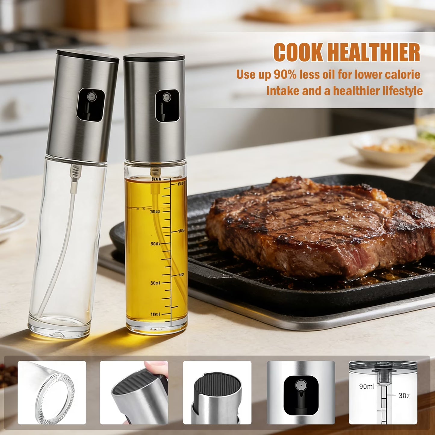 2 Pack Oil Sprayer for Cooking, Upgraded Refillable Olive Oil Spray Bottle Mister with Brush for Air Fryer Oil Vinegar Portable Glass Kitchen Gadget for BBQ, Salad, Roasting