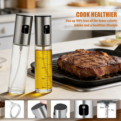 2 Pack Oil Sprayer for Cooking, Upgraded Refillable Olive Oil Spray Bottle Mister with Brush for Air Fryer Oil Vinegar Portable Glass Kitchen Gadget for BBQ, Salad, Roasting