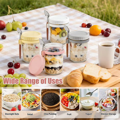 4 Pack 12oz Overnight Oats Containers with Lids and Spoons, Glass Oatmeal Containers, Mason Jars with Airtight Lids, Meal Prep Food Storage Container for Yogurt, Oatmeal