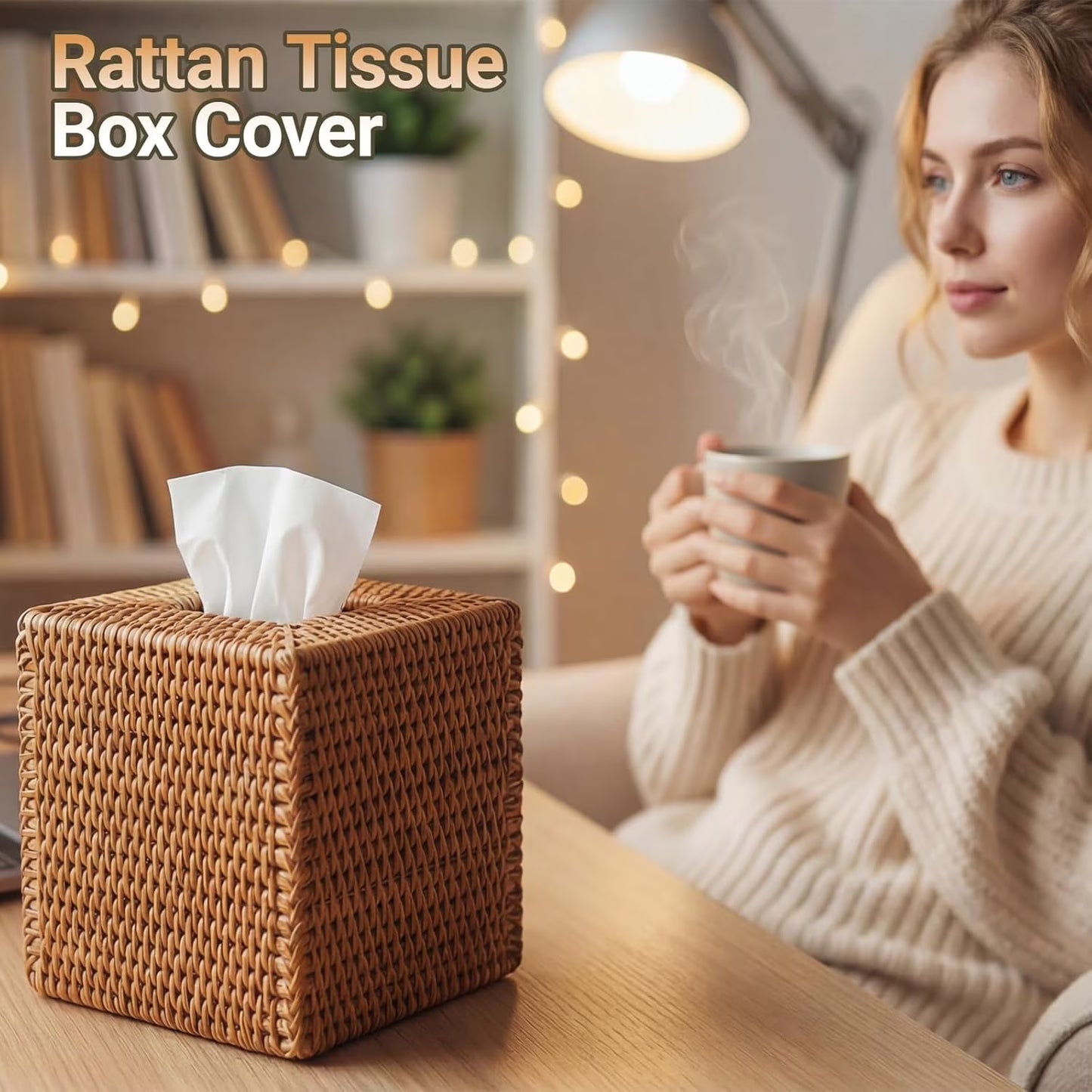 Rattan Tissue Box Cover, Natural Woven Wicker Tissue Box Holder, Square Boho Decorative Facial Tissue Holder for Bathroom, Living Room, Kitchen or Desk, 5.5 x 5.5 x 5.9 Inch