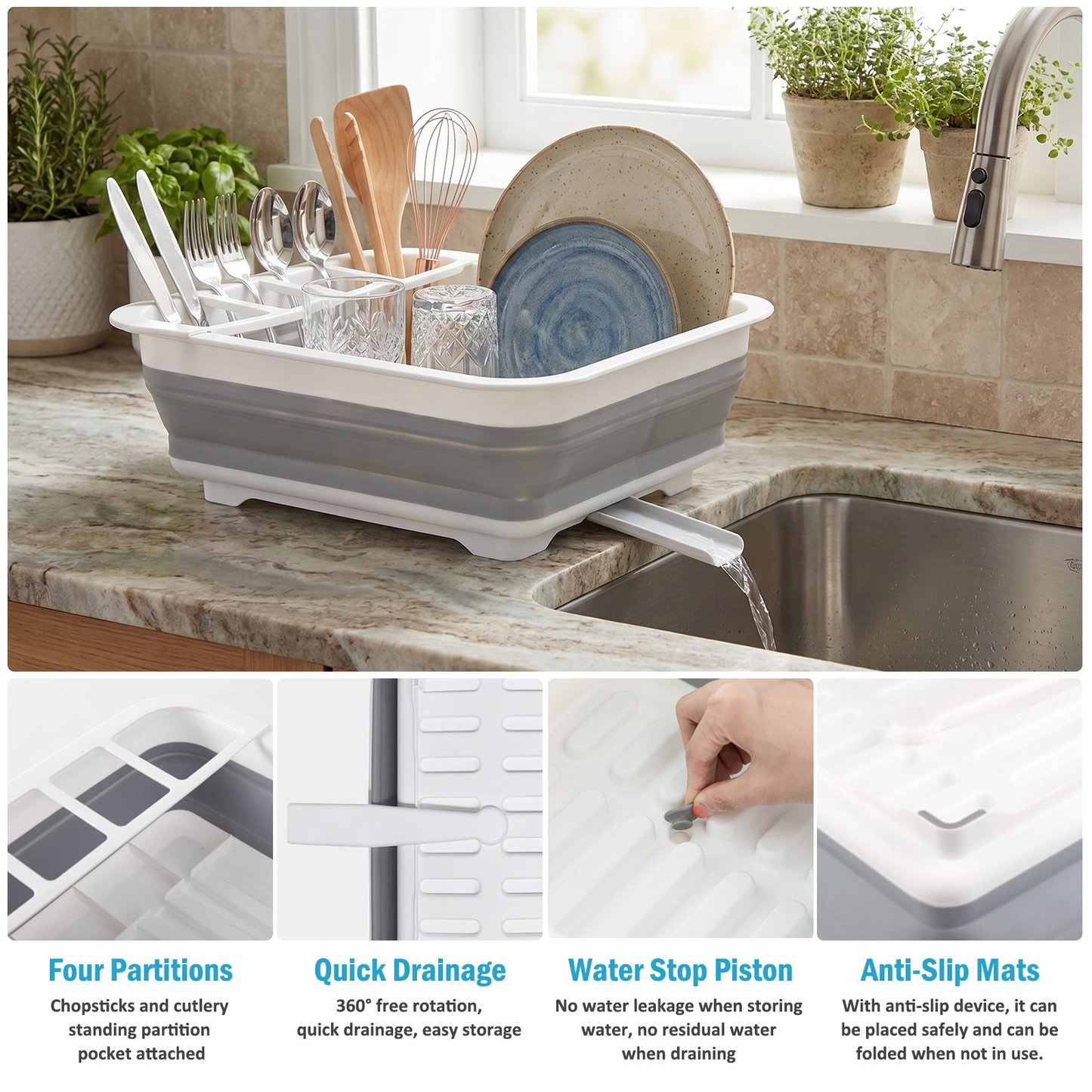 Collapsible Dish Drying Rack – Rustproof Foldable RV Dish Drying Rack with Utensil Holder, 360° Drainage, Space-Saving for Kitchen, Camping, BBQ & Boats