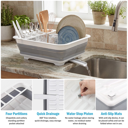 Collapsible Dish Drying Rack – Rustproof Foldable RV Dish Drying Rack with Utensil Holder, 360° Drainage, Space-Saving for Kitchen, Camping, BBQ & Boats