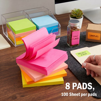 Sticky Notes 3x3, 8 Colors Self-Stick Notes, Removable Adhesive Memo Pads, Practical Desk Supplies for Home and Office, 100 Pads Per Pack