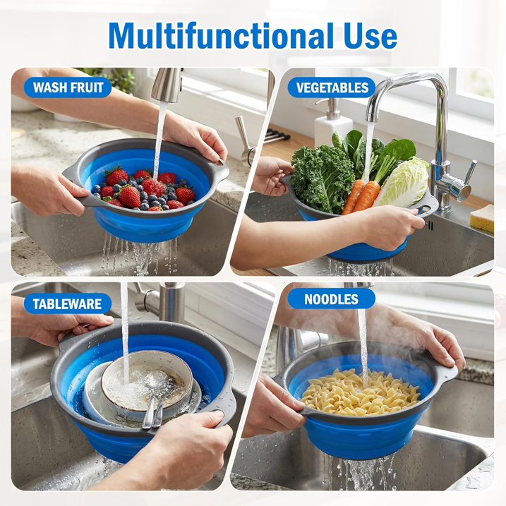 3 Pack Collapsible Colander Set, Silicone Kitchen Strainers for Pasta, Vegetables & Fruit, Space Saving Folding Colanders, Durable & Dishwasher Safe