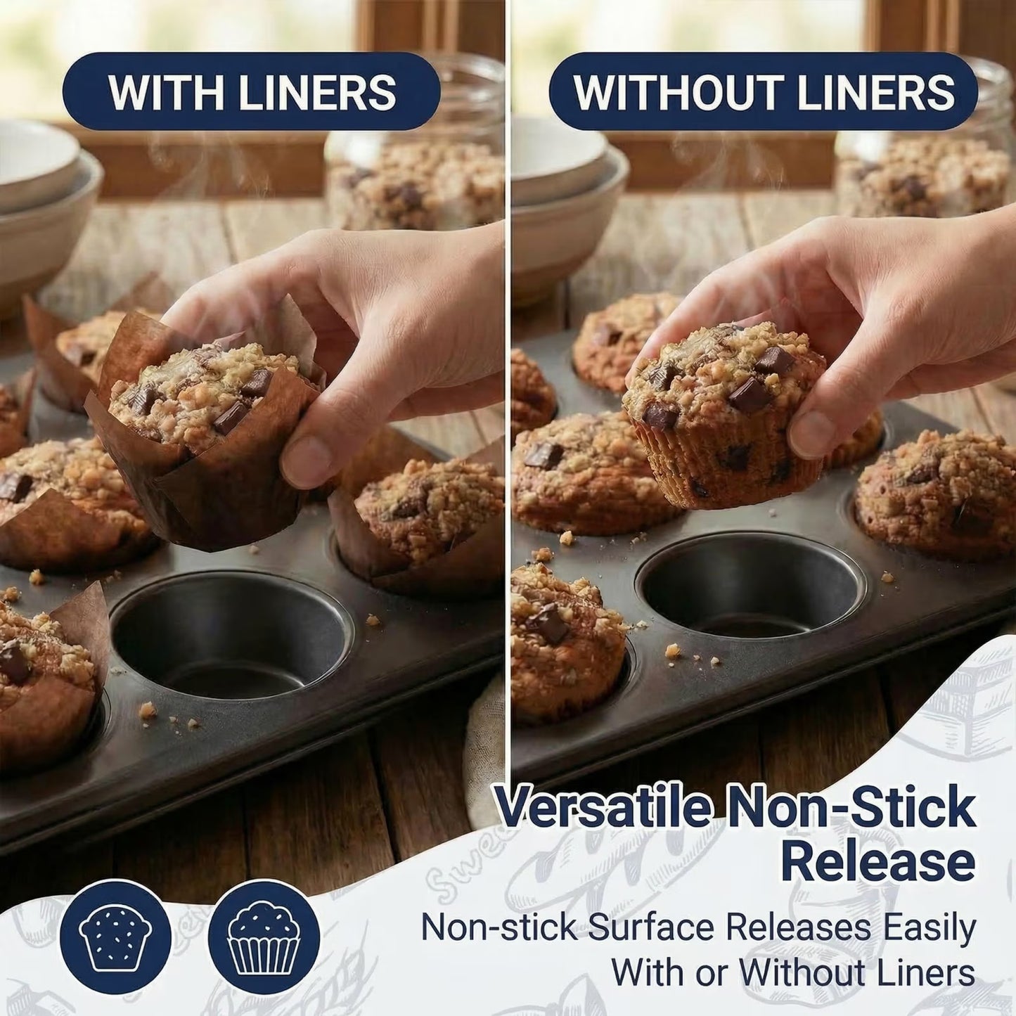 12-Cup Nonstick Muffin Pan Set of 2 — Carbon Steel Cupcake Trays for Brownies, Egg Bites & Standard Baking, Nesting Design