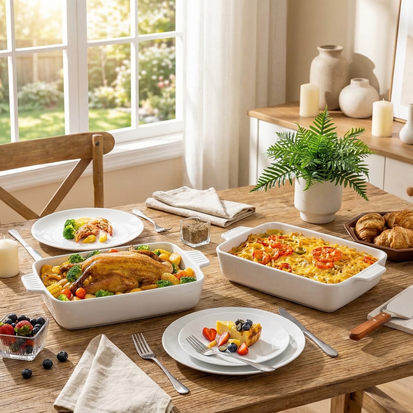 Ceramic Casserole Dish 4.4 Qt, Deep Ceramic Baking Dish and Lasagna Pan, Rectangular Baking Dish with Handles for Oven, White Bakeware for Family Meals and Baking, 1 Pack