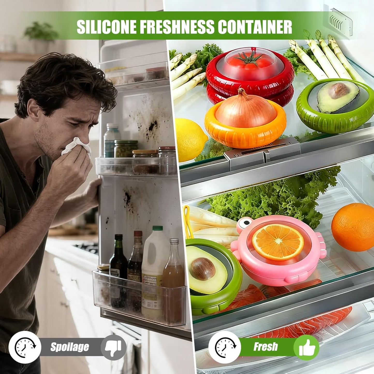 Set of 6 Fresh Food Storage Containers with 1 Fruit Peeler, Reusable Silicone Fresh Pods with Airtight Seal for Avocado, Onion, Tomato and Garlic Fridge Storage