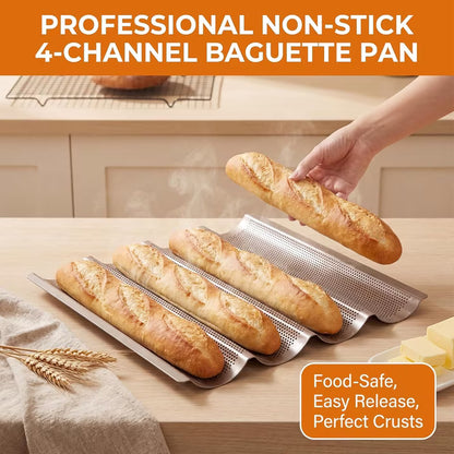Baguette Baking Pan, 4 Loaves Perforated Nonstick French Bread Pan with Proofing Cloth, for Sourdough & Italian Bread, Crisp Crust Bakeware, 15" x 13", Silver