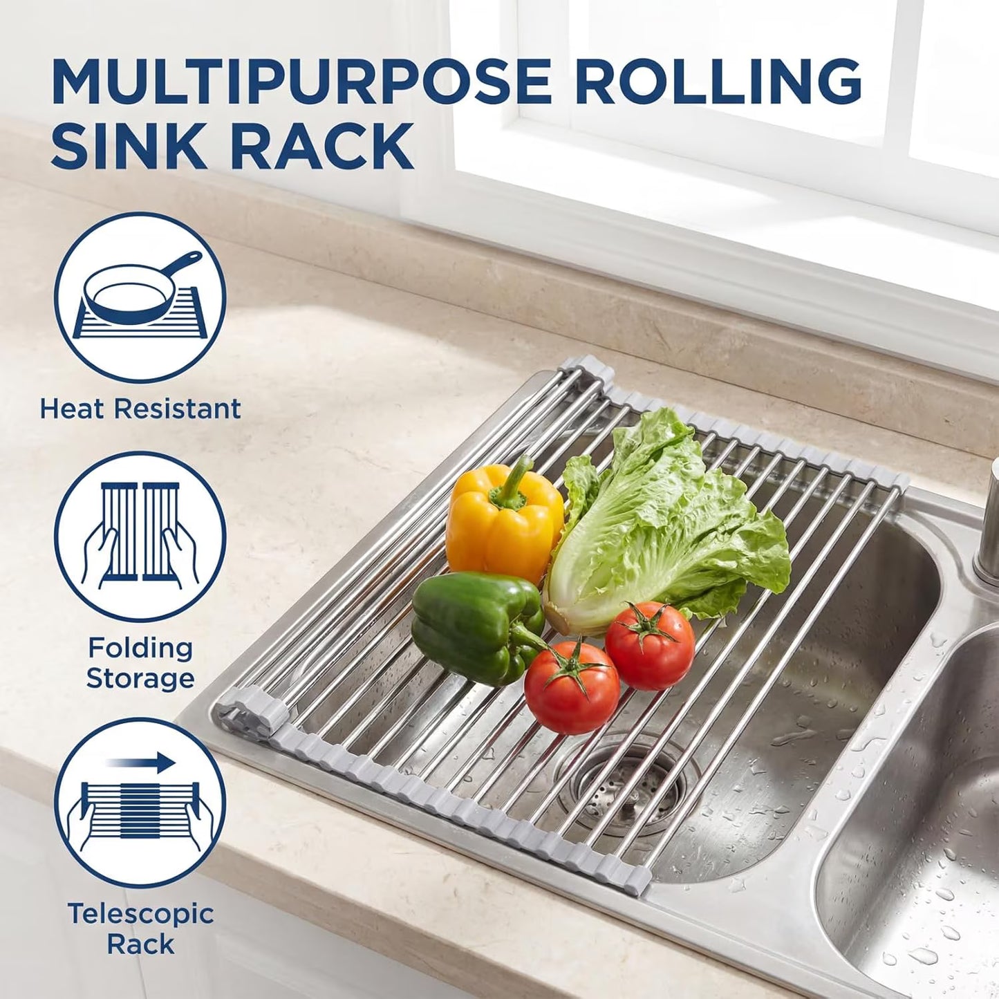 1 Pack 18.5" x 15.7" Roll-Up Dish Drying Rack, Over-Sink Foldable Kitchen Sink Rack, Anti-Slip Multipurpose Stainless Steel Drying Rack for Plates, Pots & Utensils, Gray