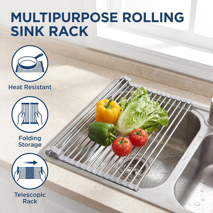 1 Pack 18.5" x 15.7" Roll-Up Dish Drying Rack, Over-Sink Foldable Kitchen Sink Rack, Anti-Slip Multipurpose Stainless Steel Drying Rack for Plates, Pots & Utensils, Gray