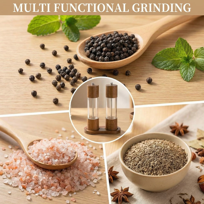 2 Piece Wood Salt Pepper Grinder Set 8 Inch Manual Refillable, Adjustable Ceramic Grinding Core with Serving Tray for Kitchen