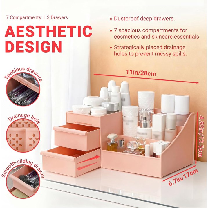 Pink Makeup Organizer with Drawers, Large Capacity Cosmetic Storage for Vanity or Bathroom Countertop, Multi-Compartment Organizer for Skincare, Lipstick & Palettes, 1 Pack