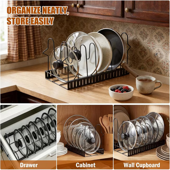 Expandable Pot Lid Organizer for Cabinet, 12"-23" Adjustable Pots & Pans Lid Rack with 8 Dividers, Under Cabinet Storage for Bakeware, Cutting Boards & Lids, Black