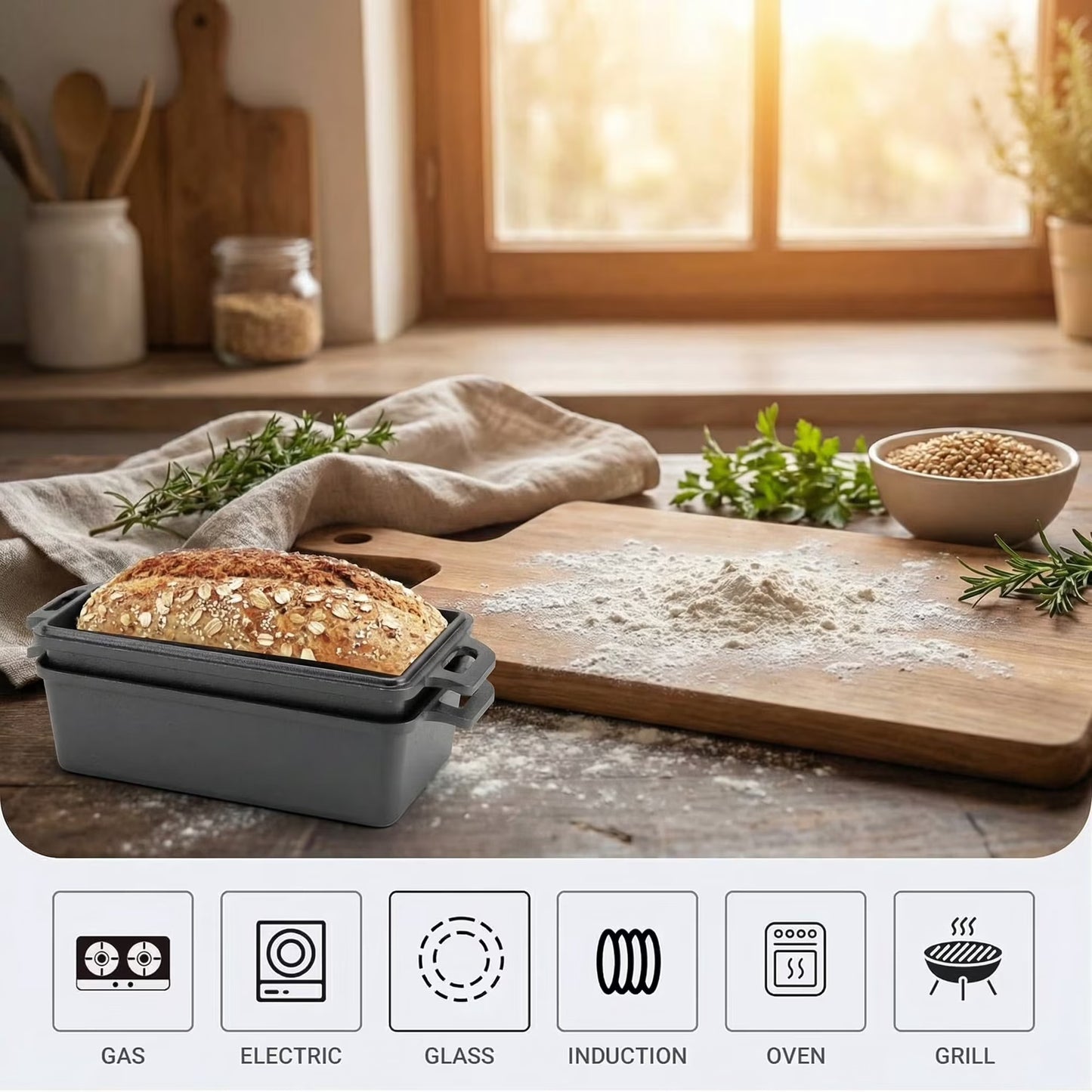 2Pcs Bread Loaf Pan for Homemade Bread, 9x5 inch Cast Iron Loaf Pan with Lid, Dutch Oven for Bread Baking, Sourdough Bread Baking Supplies, Even Heat Bakeware Set