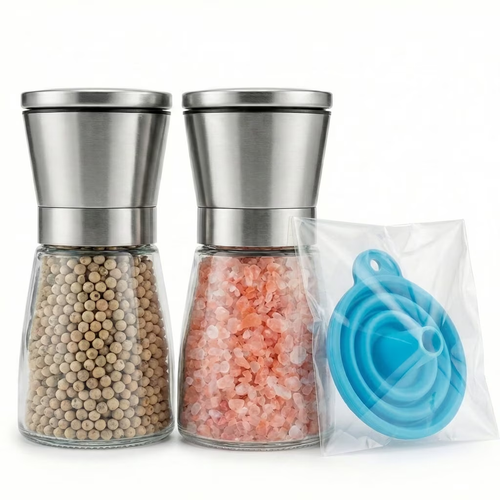 Salt and Pepper Mill Set 2PCS, Stainless Steel Top, Ceramic Grinder, Clear Glass, Easy Refill with Funnel