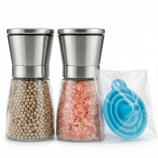 Salt and Pepper Mill Set 2PCS, Stainless Steel Top, Ceramic Grinder, Clear Glass, Easy Refill with Funnel